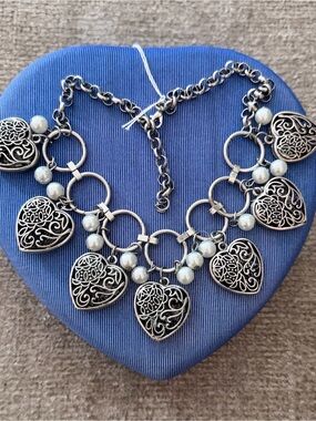 Silver Heart Charm Necklace with White Beads